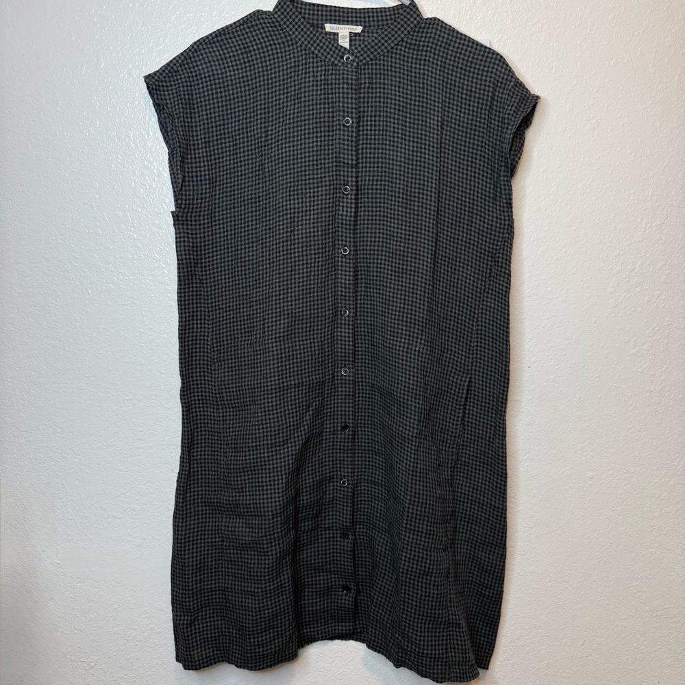 Eileen Fisher Puckered Organic Linen Shirt Dress Yarn Dyed Check Size PP (2-4)